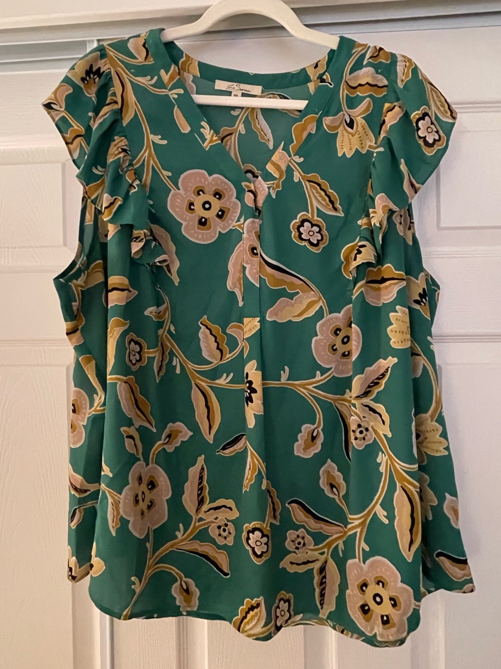 Les Serein Green Floral Ruffle Sleeve Women's Top